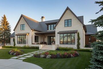 Luxury modern farmhouse exterior design with white brick and metal roof home architecture style idea