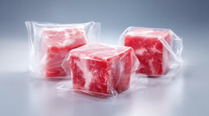 Vacuum-sealed meat cubes on glossy surface