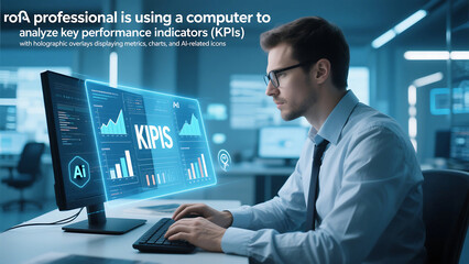 Man working on computer with holographic kpis and ai icons in a modern office environment setup