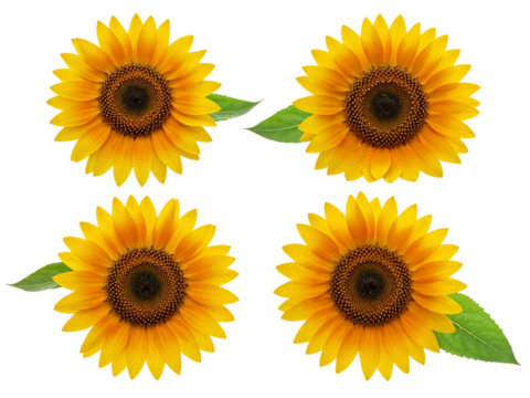 Four bright yellow sunflowers with green leaves arranged in a pattern on a transparent background isolated on transparent background