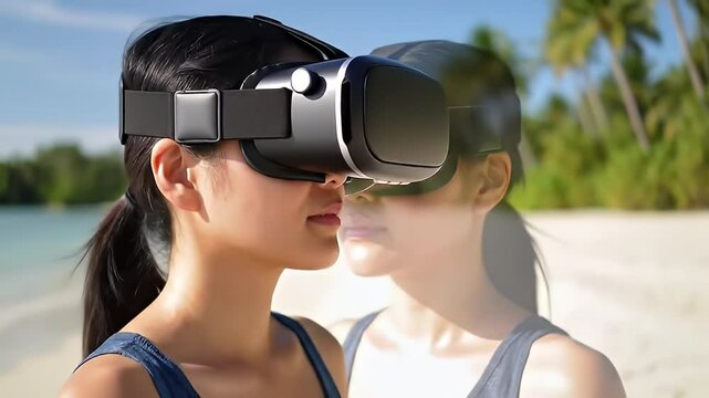 VR on beach woman with headset, ocean backdrop, sunlight