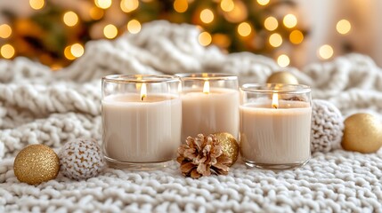 Three pillar candles on a knitted throw, with christmas ornaments and a pine cone.
