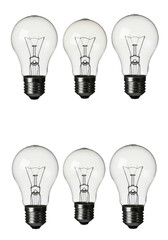 Isolated Background Six White Incandescent Light Bulbs with Transparent Backdrop