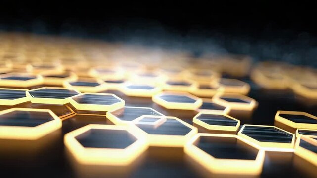 Abstract hexagonal shapes illuminated with golden light, showcasing a futuristic technology-inspired design.