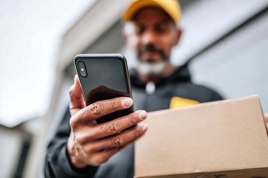 Close up, Delivery man using his phone and checking orders