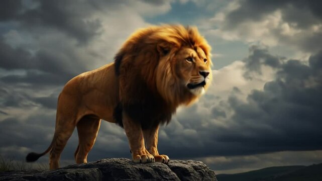 Majestic lion roaring in savannah under dramatic cloudy sky, file video 2K