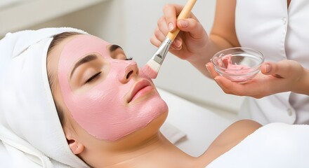 Fototapeta premium Woman Receiving Pink Face Mask Treatment at Spa for Skincare & Relaxation