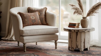 Cozy living room corner featuring a cream armchair with patterned cushions, a rustic side table, and soft natural light filtering through curtains.