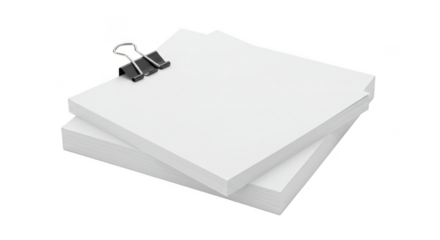Isolated White Paper Stack with Black Clip on Transparent Background