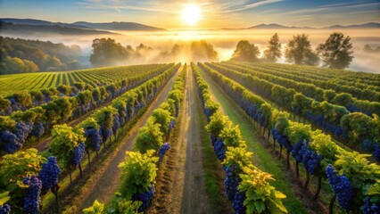 Serene Vineyard Sunrise Rows of Grapes Bathed in Golden Light, Mist-Covered Valley in the Distance
