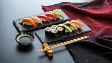 Elegant sushi platter featuring nigiri and maki rolls, artfully arranged on dark stone plates with soy sauce and chopsticks