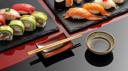 An elegant spread of assorted sushi served on sleek black trays with chopsticks and soy sauce, showcasing vibrant colors and textures.