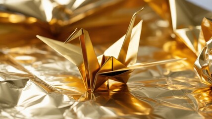 Golden origami crane elegantly crafted, resting on shimmering metallic foil with soft lighting enhancing its intricate folds