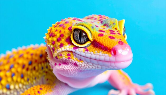 Colorful Gecko Portrait on Blue Background