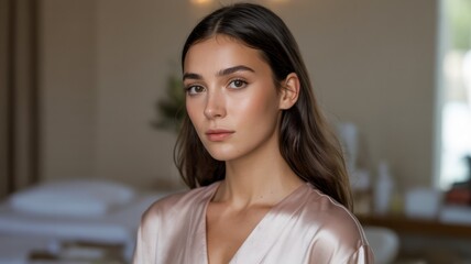 A serene woman in a soft pink silk robe, gazing thoughtfully in a cozy bedroom setting