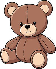 Cute brown teddy bear sitting, cartoon toy vector, plush animal illustration, adorable stuffed bear, soft toy clipart