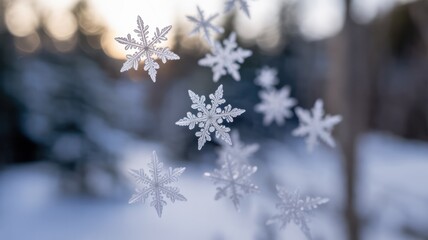 Delicate snowflakes gently falling against a soft, blurred winter backdrop