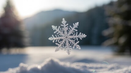 A delicate snowflake glistens in the sunlight against a serene winter landscape backdrop