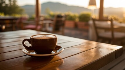 A steaming cup of coffee sits on a wooden table, basking in the warm glow of a mountainous sunset.