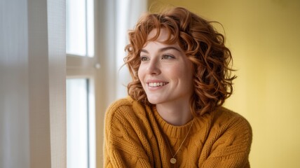 A woman with curly red hair smiles warmly by a window, wearing a cozy mustard sweater against a soft yellow background.