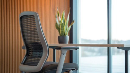 Modern office chair with ergonomic design placed near a wooden desk and large window, featuring a potted plant in the background.