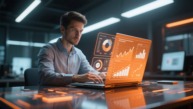 Man working on laptop with orange holographic charts in a futuristic office environment setting - Powered by Adobe