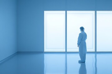 Fototapeta premium A female worker in a cleanroom environment, wearing protective clothing while monitoring a chemical production process, clean and professional composition, copy space, stock photography