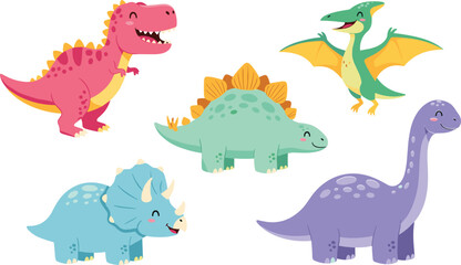 Cute cartoon dinosaurs vector illustration, prehistoric animal characters, kids dino clipart, smiling dinosaurs art, colorful Jurassic reptiles, baby dinosaur drawing