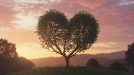 A solitary tree with heart-shaped foliage stands against a serene sunset sky, symbolizing love and nature's beauty.