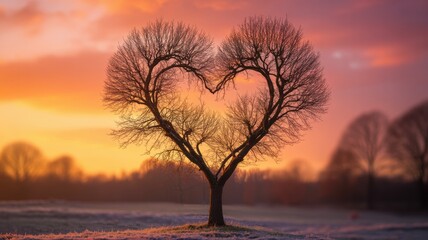 A solitary tree with heart-shaped branches stands against a vibrant sunset sky, casting a warm glow over the frosty landscape.