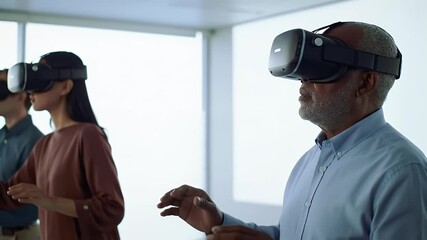 People wearing VR headsets with bright backdrop - Powered by Adobe