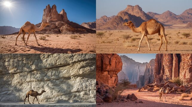 Camels Walking & Grazing in Desert Landscapes