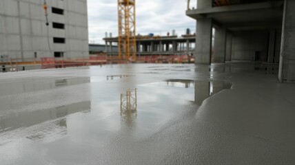 Wet concrete floor at a construction site with reflections of buildings and cranes under an overcast sky