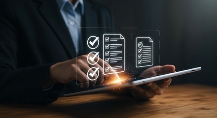 Businessman checking tasks on a tablet with a digital checklist