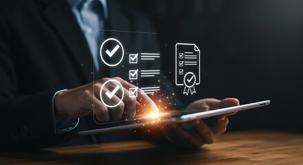 Businessman checking tasks on a tablet with a digital checklist