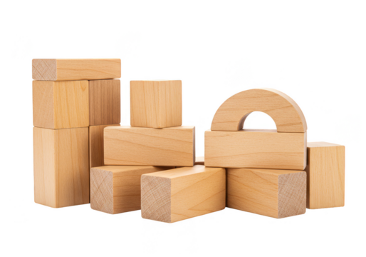 Isolated Wooden Building Blocks Geometric Shape Toys on Transparent