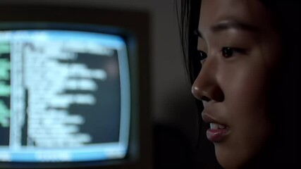 Asian woman intensely watching code on CRT monitor in dark room - Powered by Adobe