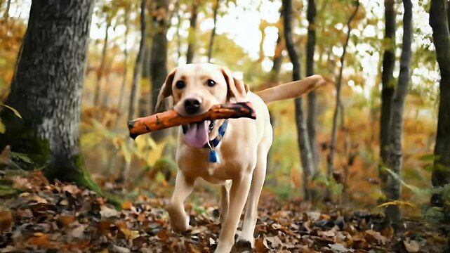 Energetic dog carries stick through autumn forest, tongue out