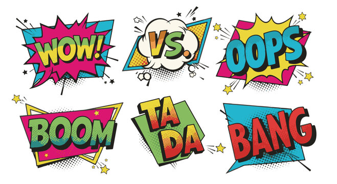 A colorful vector illustration of cartoon comic book explosion sale tags for a fun party celebration