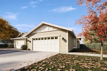 Modern suburban house with garage and driveway covered in colorful autumn leaves. Surrounded by vibrant trees, peaceful neighborhood, warm atmosphere, perfect seasonal real estate or architecture.