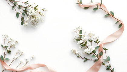 Elegant Floral Frame with White Flowers and Peach Ribbon on White Background