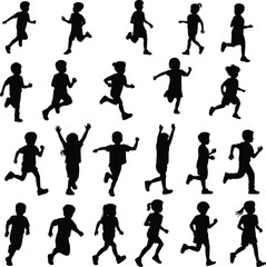 Children running silhouette vector illustration, active kids jogging in motion, flat black cad drawing, fitness concept, vector art, exercise poses