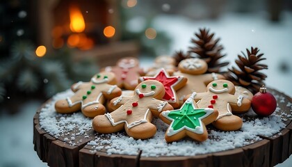Holiday gingerbread cookies and star cookies nestled on a snowy wooden surface with pinecones and festive ornament in a wintry scene.