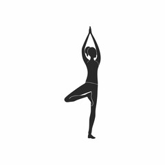 Silhouette of a woman performing a yoga tree pose isolated on white background