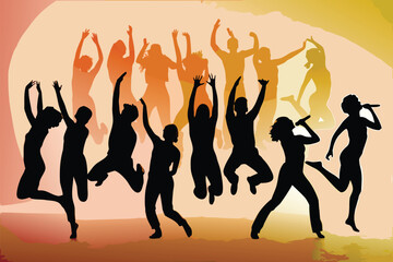 Fototapeta premium Silhouetted Crowd Dancing with Arms Raised and Singers Performing on Gradient Background in Festive Mood