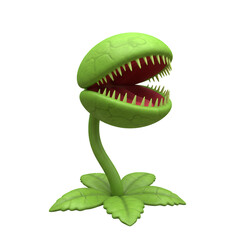 Green Piranha Plant with Open Mouth and Sharp Red Teeth Against Transparent Background