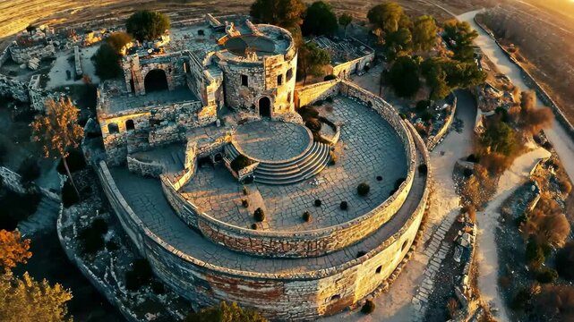 Aerial view of Monopteros in the early morning light showcasing its circular structure and surrounding landscape, Aerial shot of the Monopteros