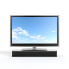 Fototapeta premium Modern Flat Screen Television Displaying Clear Blue Sky and Clouds