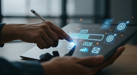 Person using a tablet with futuristic digital interface and progress bar