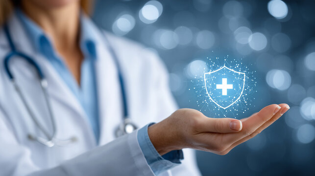  The image showcases a female doctor, wearing a white lab coat with a stethoscope around his neck, performing a symbolic gesture. He holds his hands one under one over, as if cra
